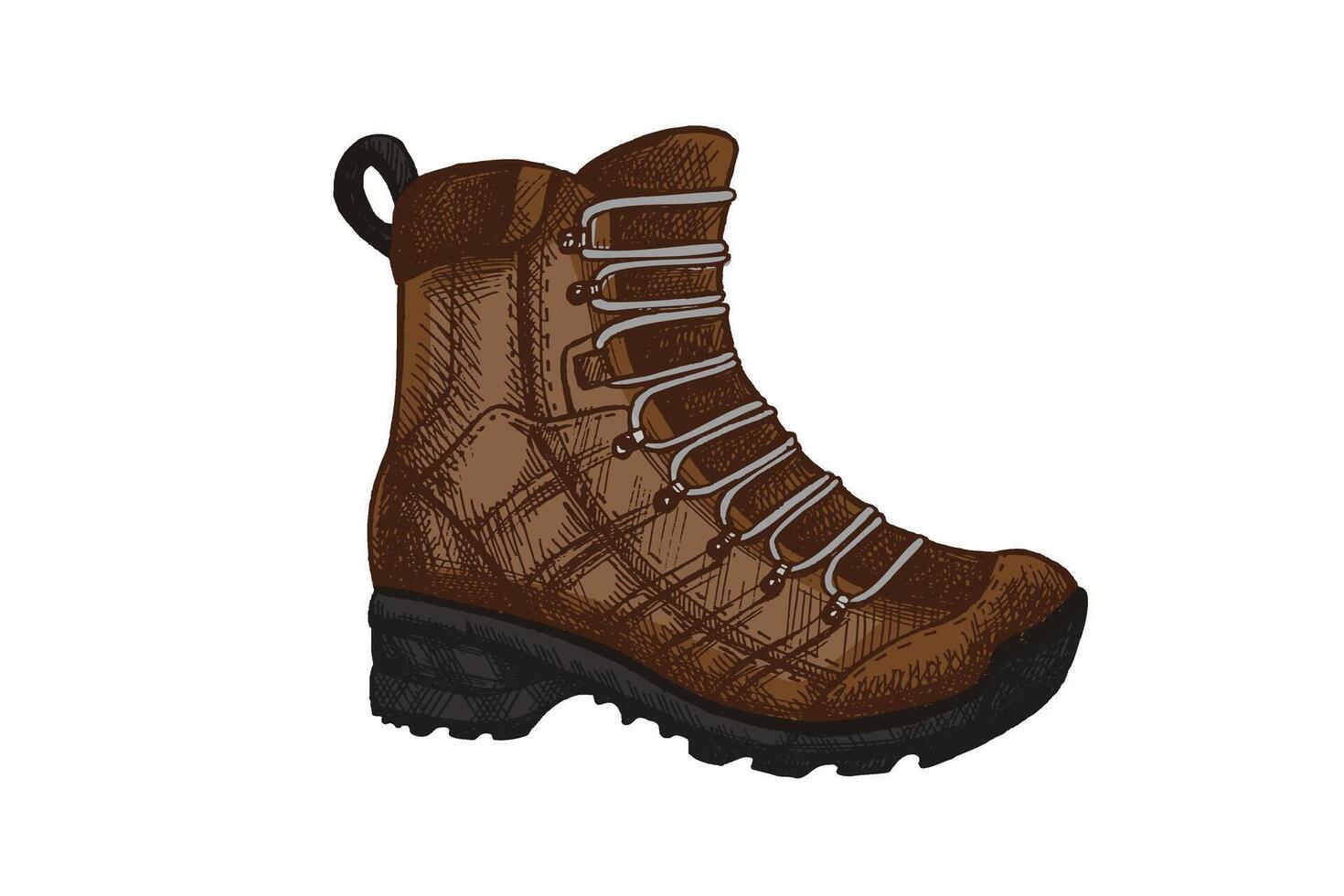 Hand drawn colored vintage sketch of mountain hiking boot in engraving style, isolated illustration vector