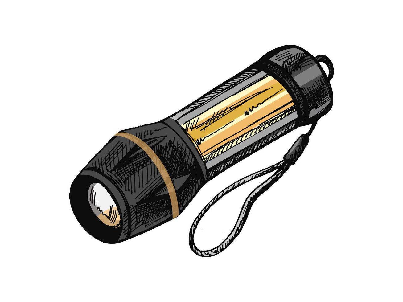 Hand drawn colored vintage sketch of camping flashlight with strap vector