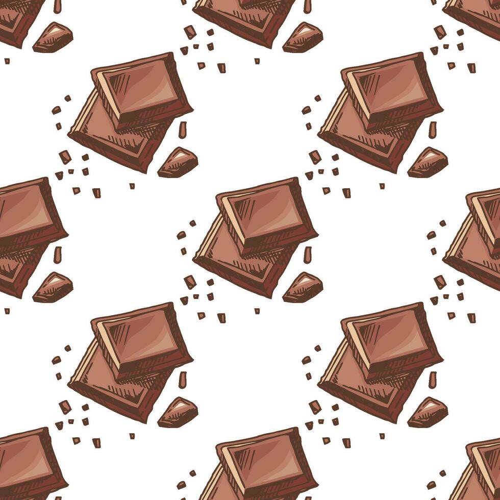 Hand drawn vintage seamless pattern with stacked chocolate bars and crumbs, brown color sketch on white background vector