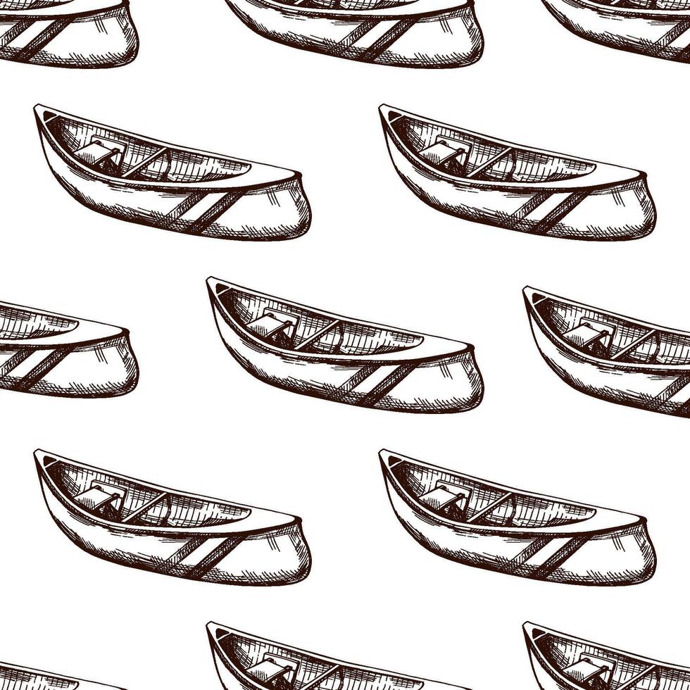 Hand drawn vintage seamless pattern of canoes for river rafting, camping and outdoor exploration designs, rustic water adventure sketch vector