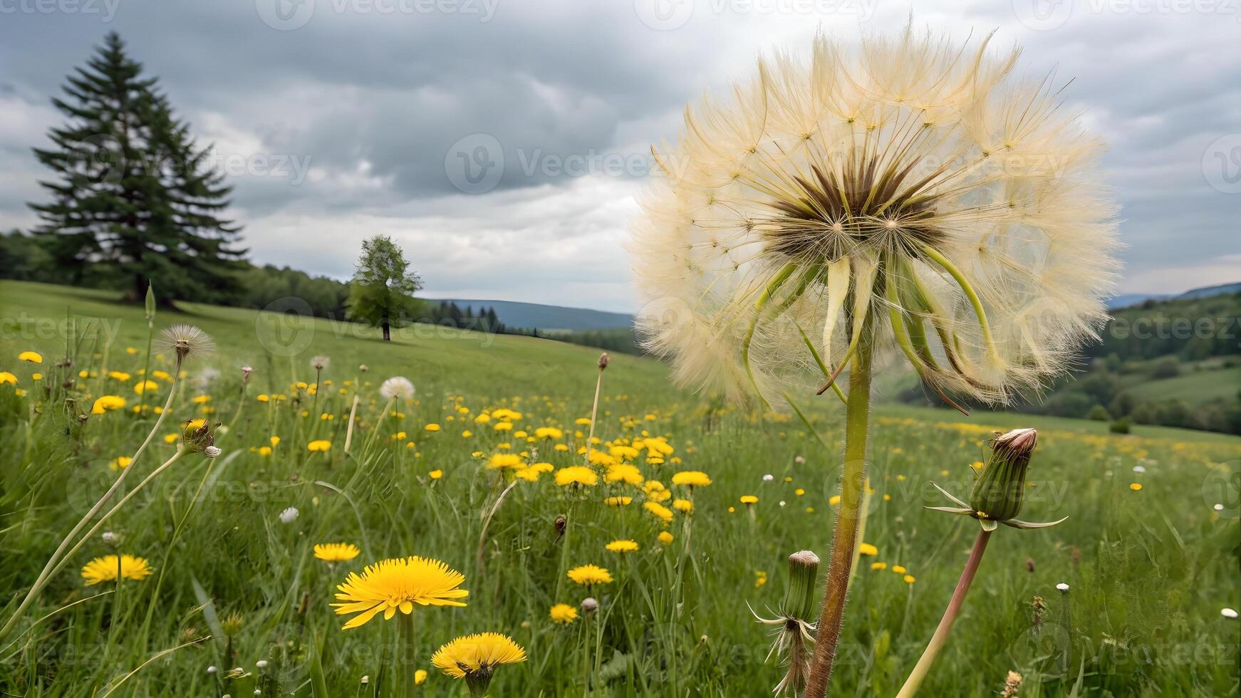 Dandelion in full bloom captured in a serene meadow under cloudy skies, perfect for nature enthusiasts and photographers seeking tranquil outdoor photo