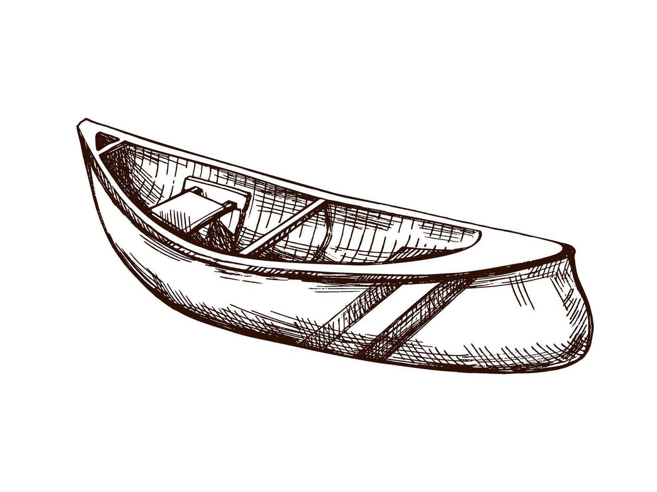 Hand drawn vintage sketch of wooden canoe boat for kayaking, rafting and fishing adventures isolated vector