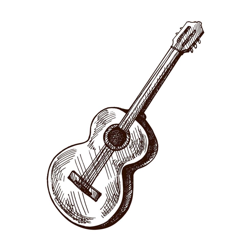 Hand drawn vintage sketch of acoustic guitar, musical instrument for retro music and entertainment design vector