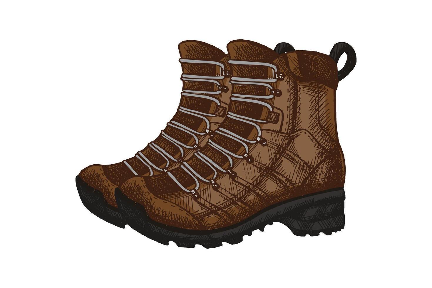 Hand drawn colored vintage sketch of mountain hiking boots in engraving style, isolated illustration vector
