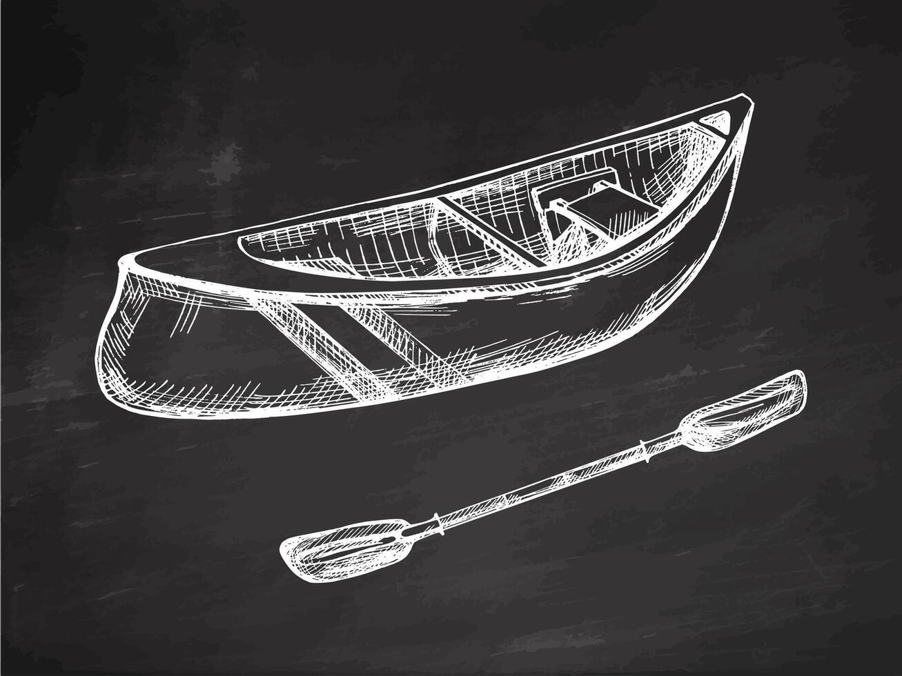 Hand drawn vintage sketch of wooden canoe and paddle in white chalk style on chalkboard background vector