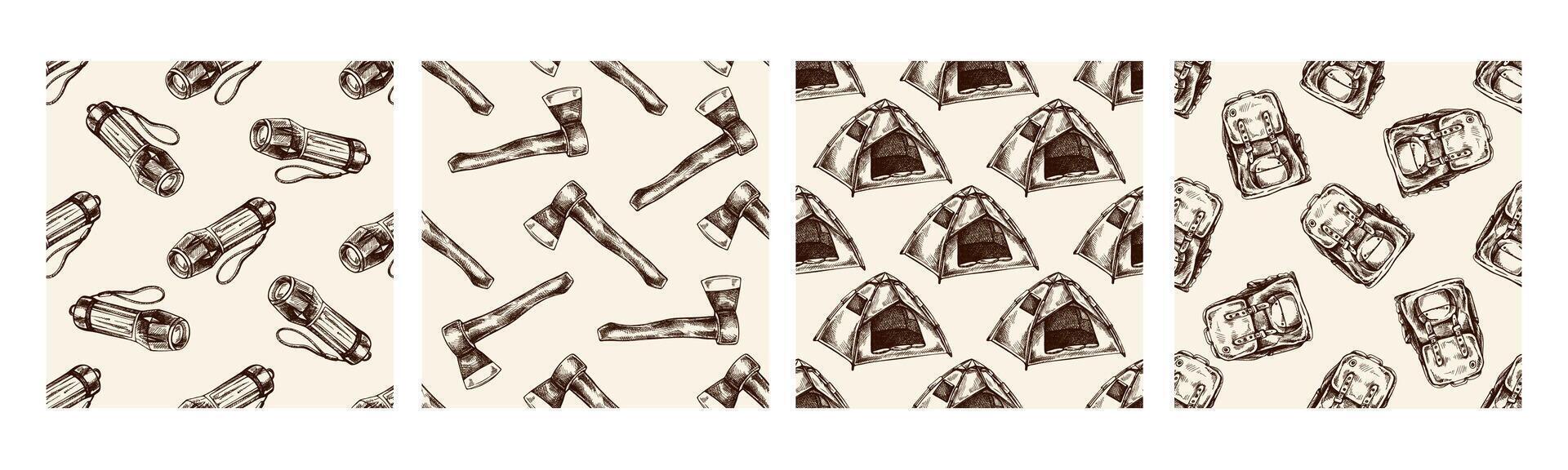 Hand drawn vintage seamless pattern set of camping equipment, including flashlights, axes, tents and backpacks, rustic outdoor adventure sketch collection vector