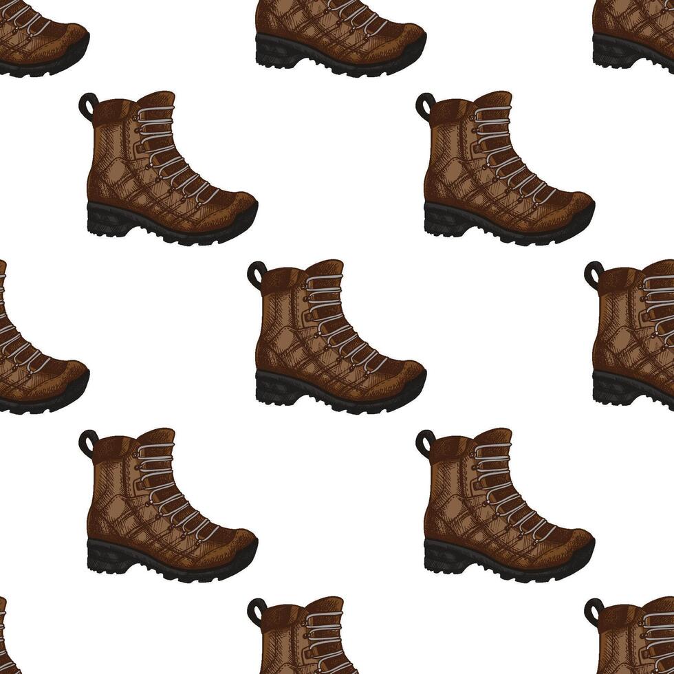 Colored seamless pattern with hand drawn hiking boots in engraved style vector