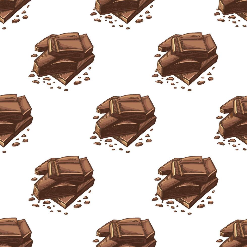 Seamless pattern featuring hand drawn vintage chocolate bars with cocoa crumbs. Perfect for packaging, cafe branding, confectionery design, fabric prints, and gift wrapping. vector
