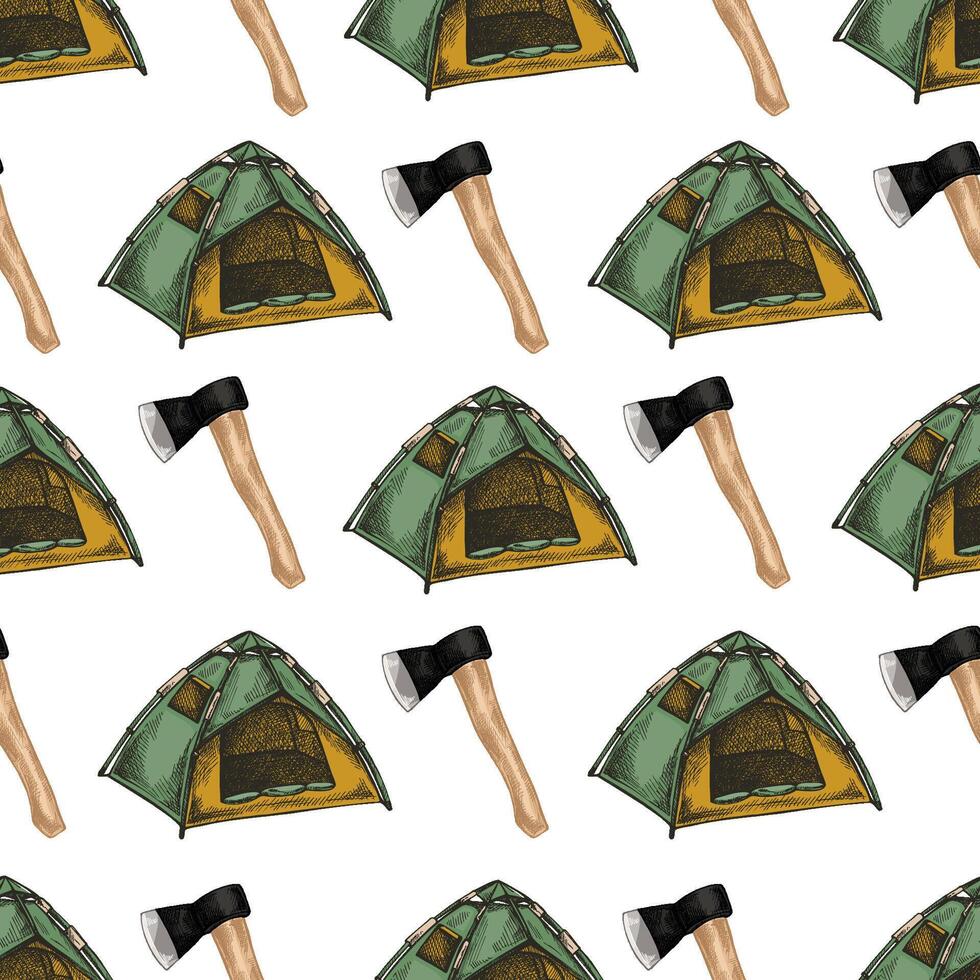 Colored Sseamless pattern with hand drawn camping tents and axes in vintage sketch style vector
