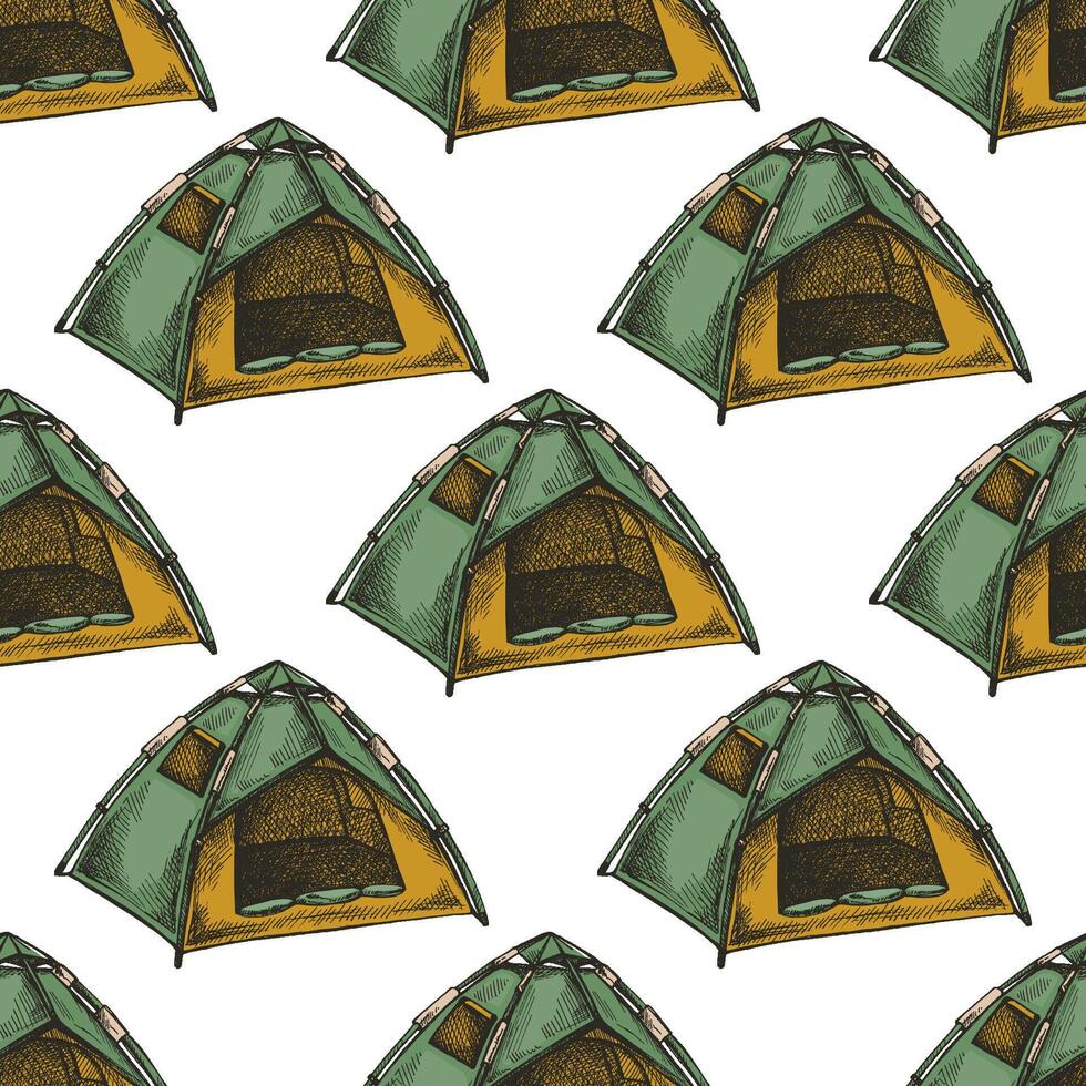 Hand drawn vintage seamless pattern with sketch of camping tent vector