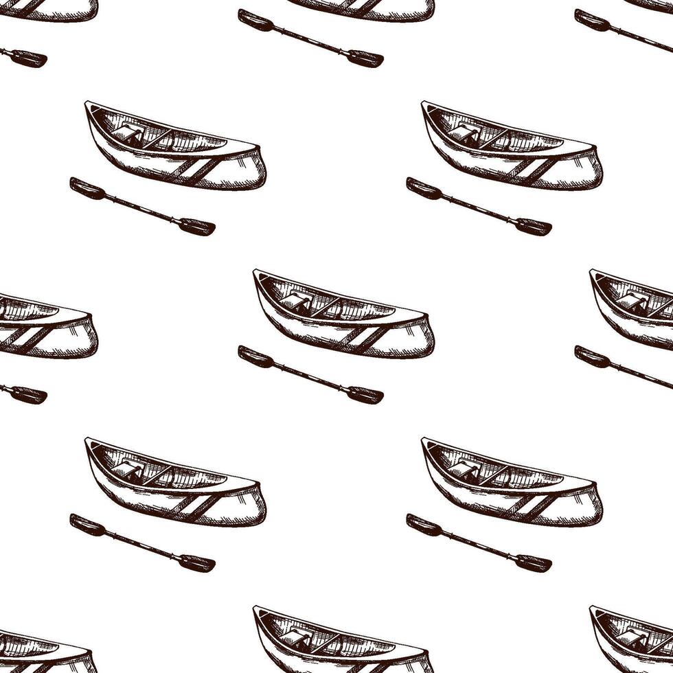 Hand drawn vintage seamless pattern of canoes and paddles for river rafting, outdoor adventure and camping designs vector