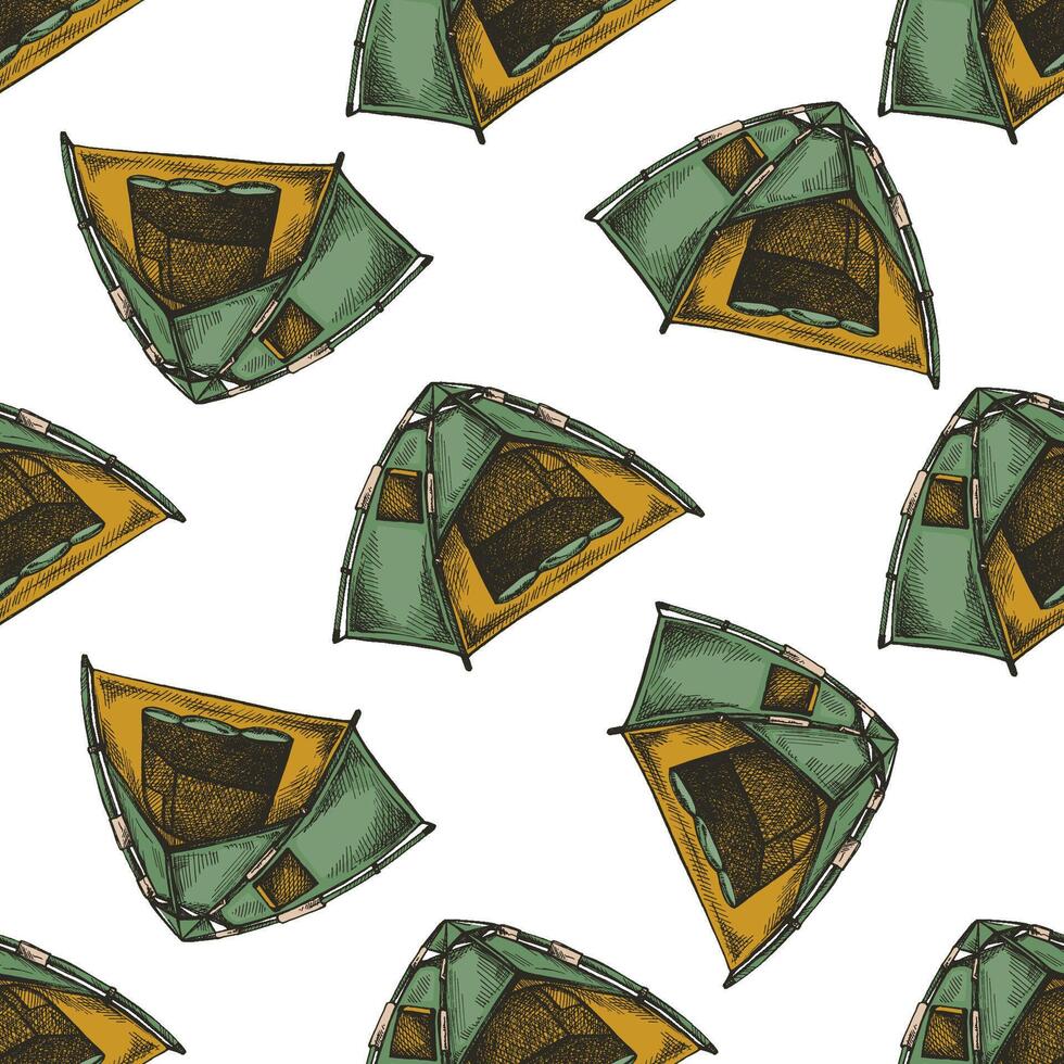 Hand-drawn colored vintage seamless pattern with sketch of camping tent vector