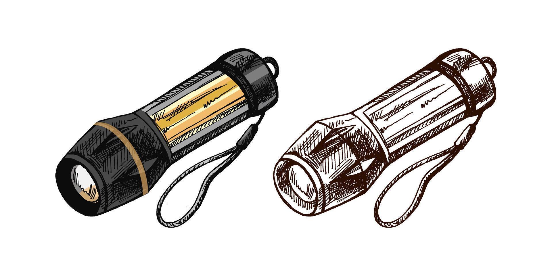 Hand drawn colored and black vintage sketch of camping flashlight with strap vector