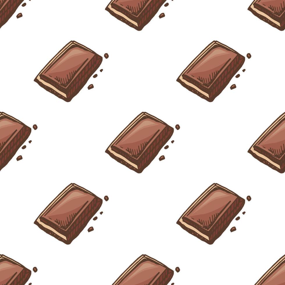 Hand drawn vintage seamless pattern with chocolate bars and crumbs, brown color sketch on white background vector