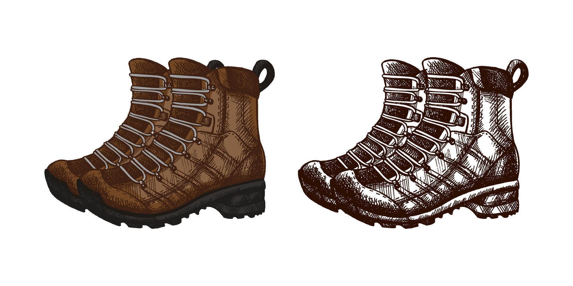 Hand drawn colored and black vintage sketch of mountain hiking boots in engraving style, isolated illustration vector