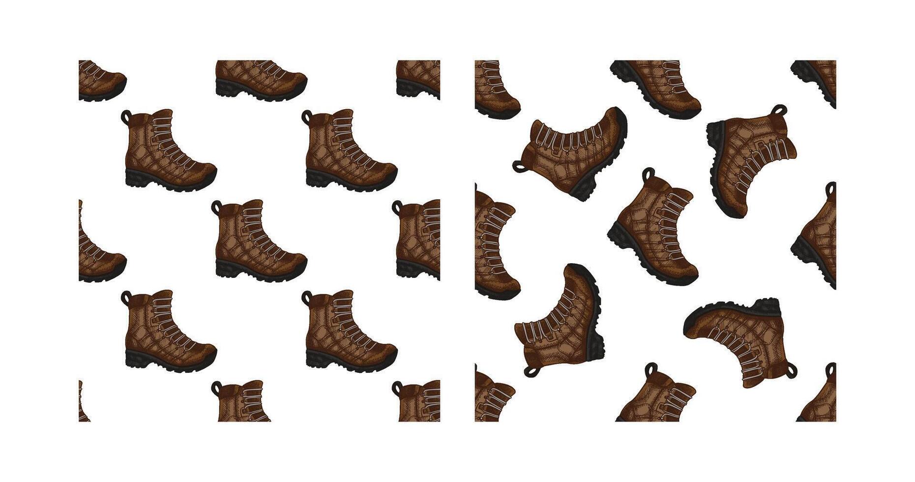 Colored seamless pattern set with hand drawn hiking boots in vintage engraved style vector