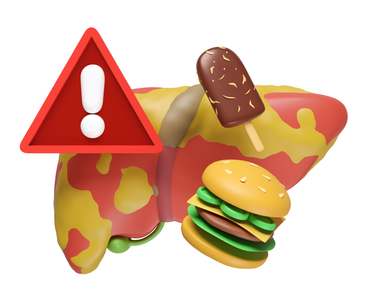 3d exclamation mark with fatty liver disease isolated. junk food is the cause of fatty liver disease concept, 3d illustration render png