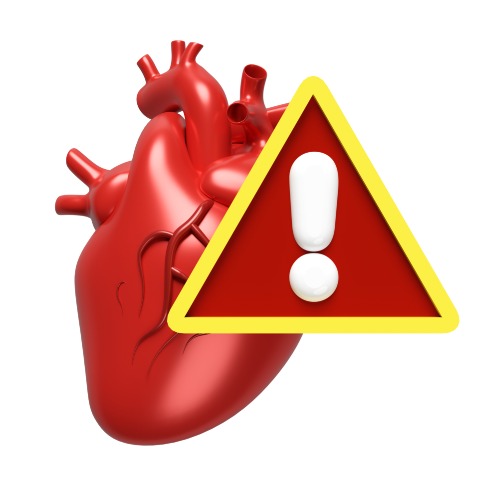 3d exclamation mark with realistic human heart isolated. danger warning concept, 3d illustration render png