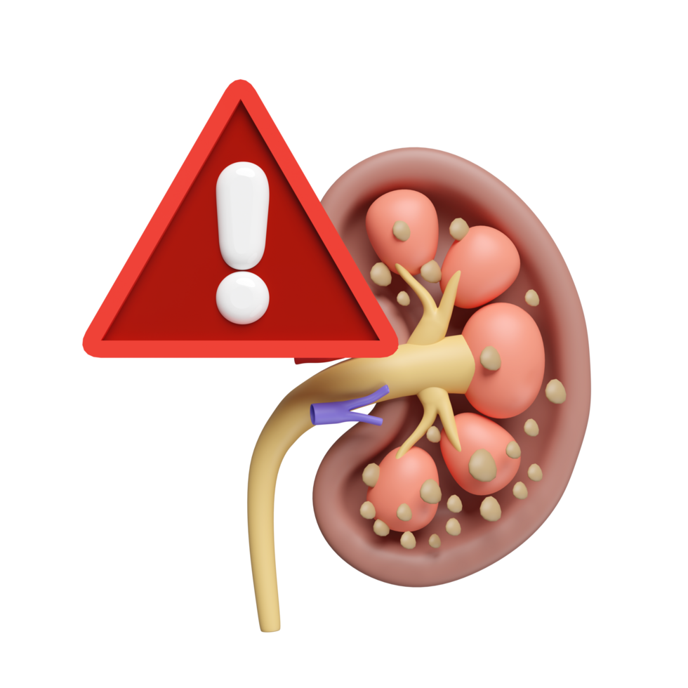 3d Kidney stones with human kidney cross section, exclamation mark isolated. health check, medicare concept, 3d illustration render png