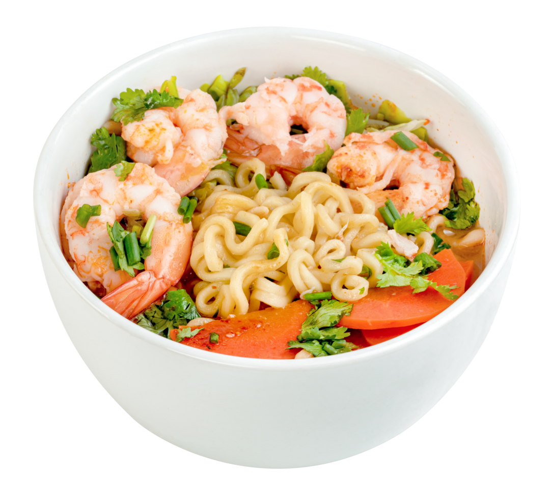 Tom Yum kung with instant noodles and shrimp isolated. png