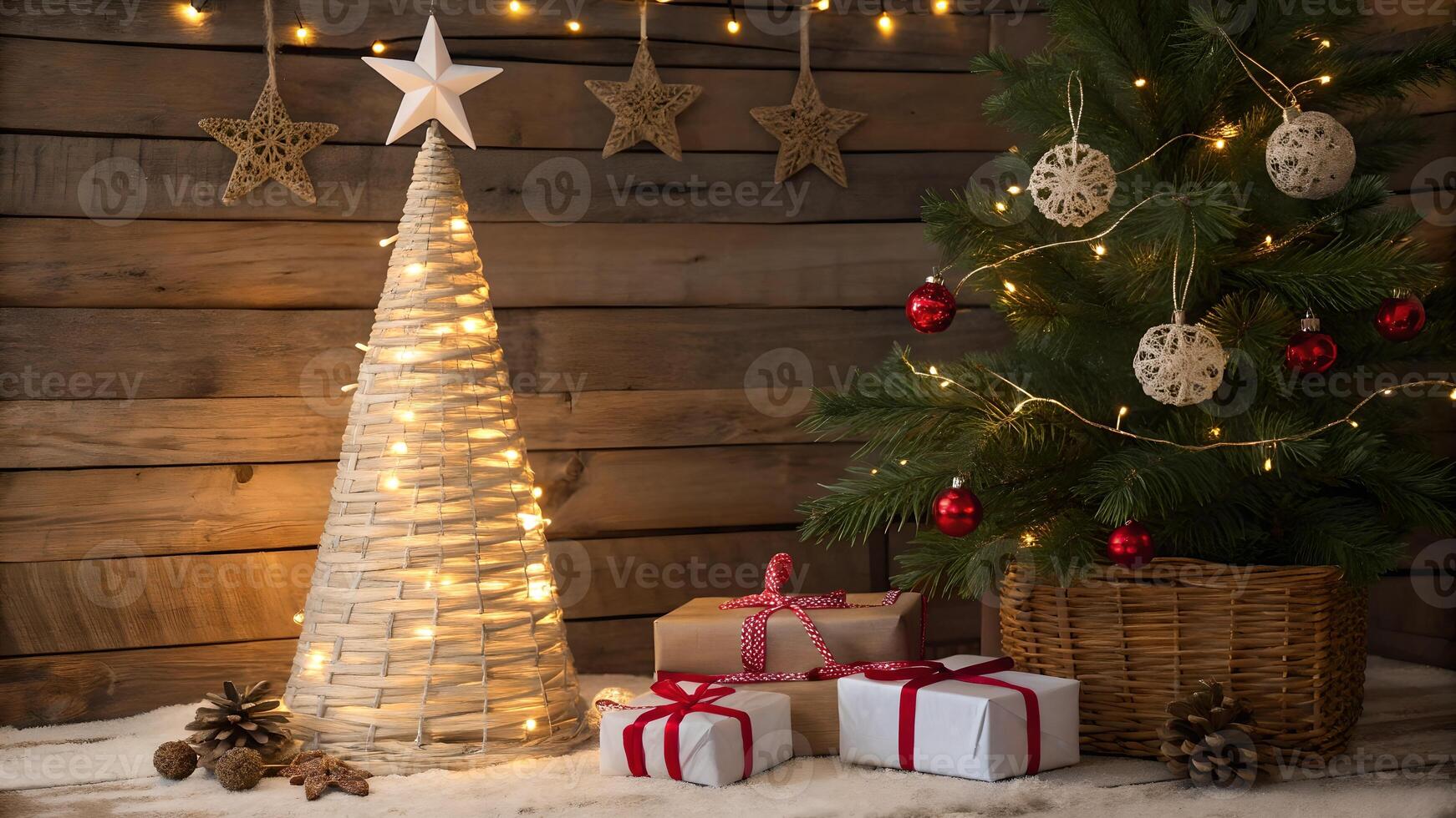 Rustic Christmas Scene with Illuminated Trees and Gifts photo