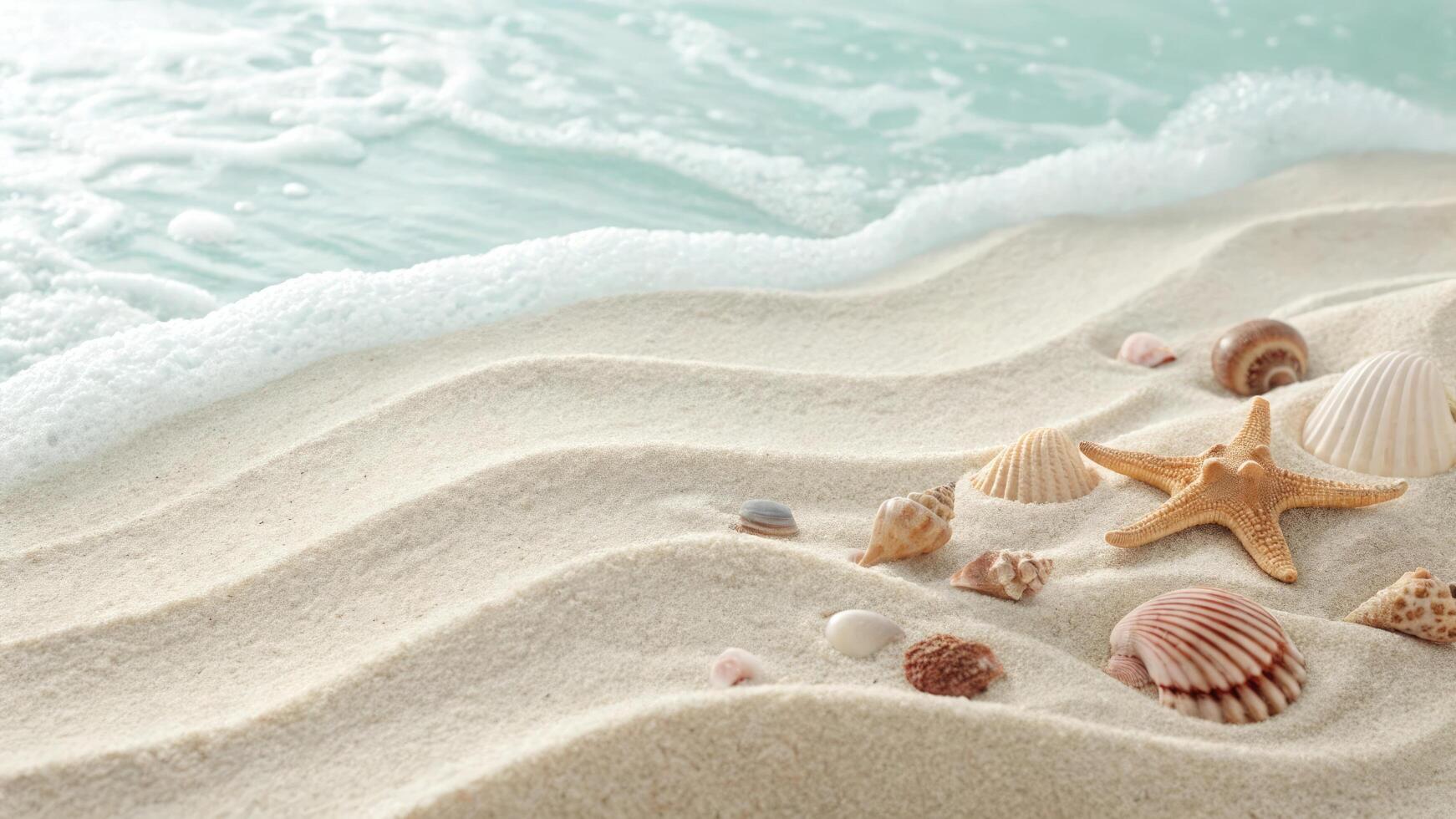 Seashells and starfish decorate the sandy beach under the summer sun, Summer beach scene with ocean waves photo