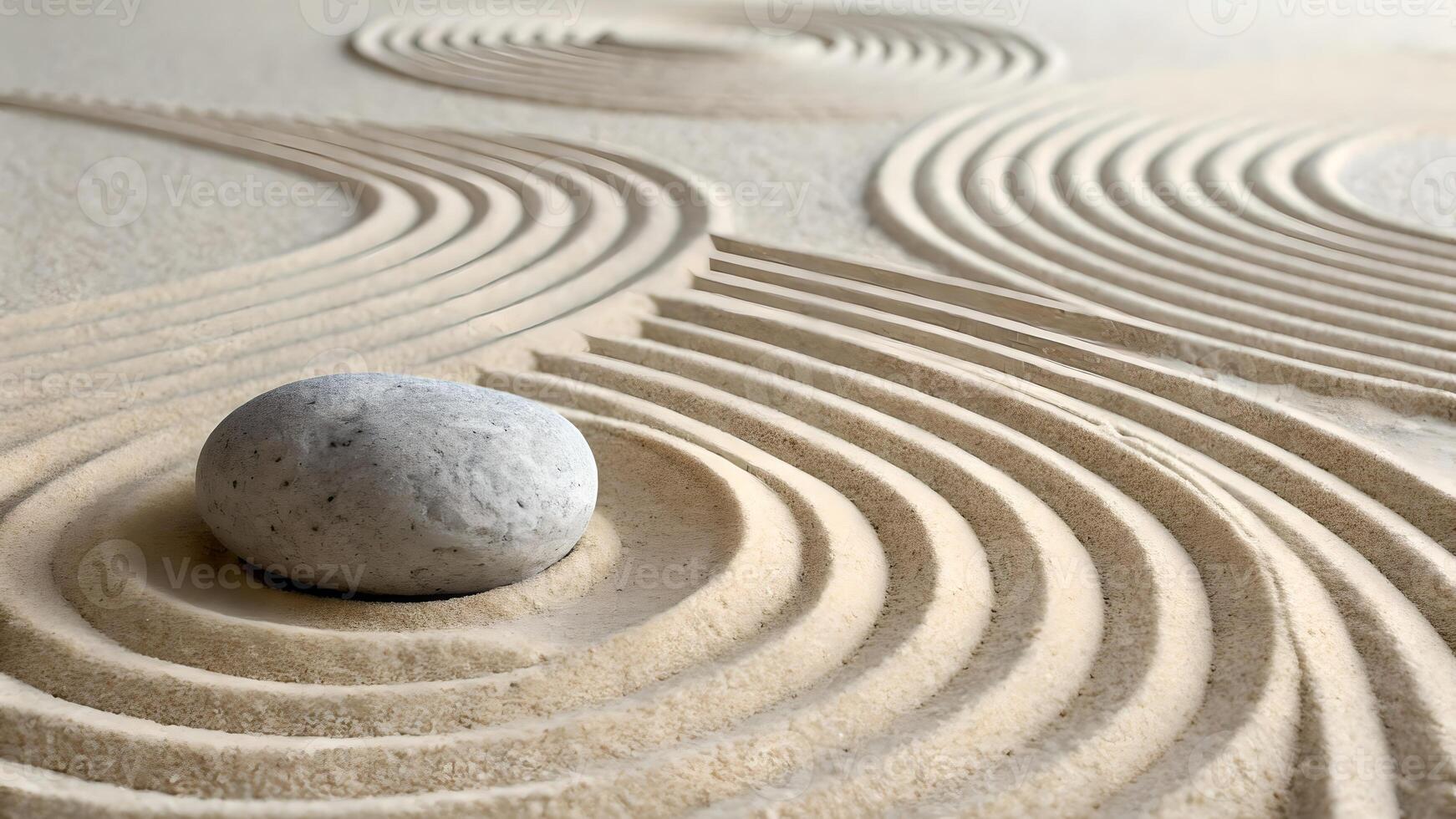 Serene Zen Garden with Single Stone and Concentric Circles in Smooth Sand photo