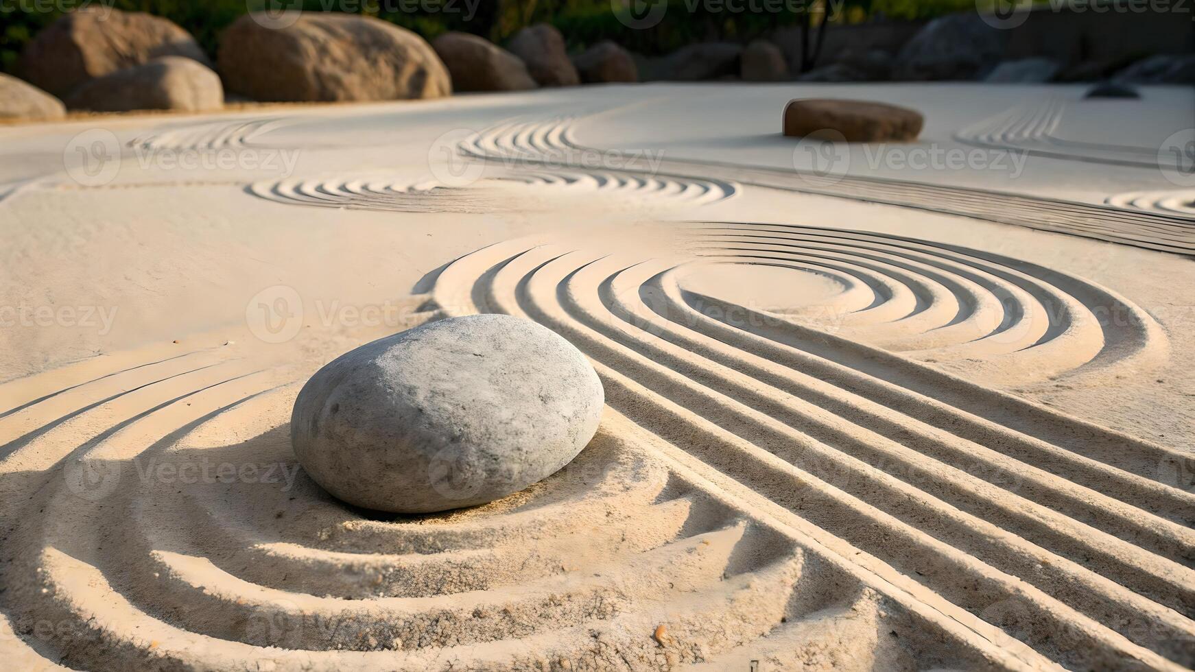 Serene Zen Garden with Smooth Sand Concentric Circles and Single Stone photo