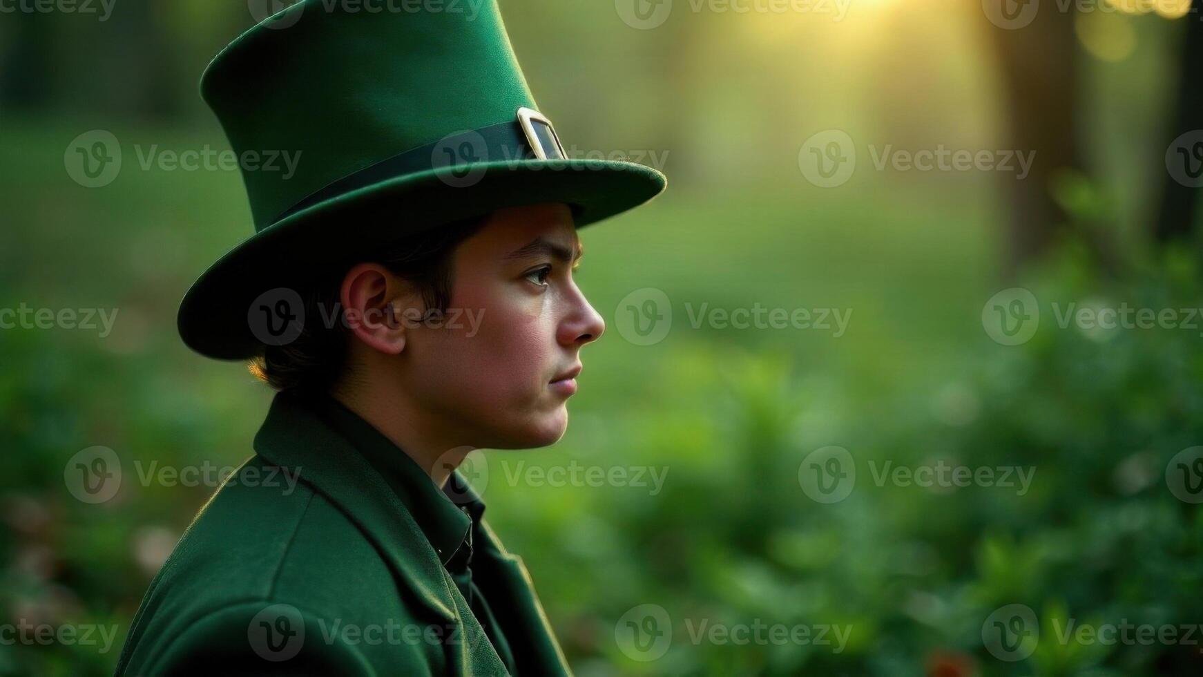 A boy in a St. Patrick's Day leprechaun costume against the background of the forest. photo