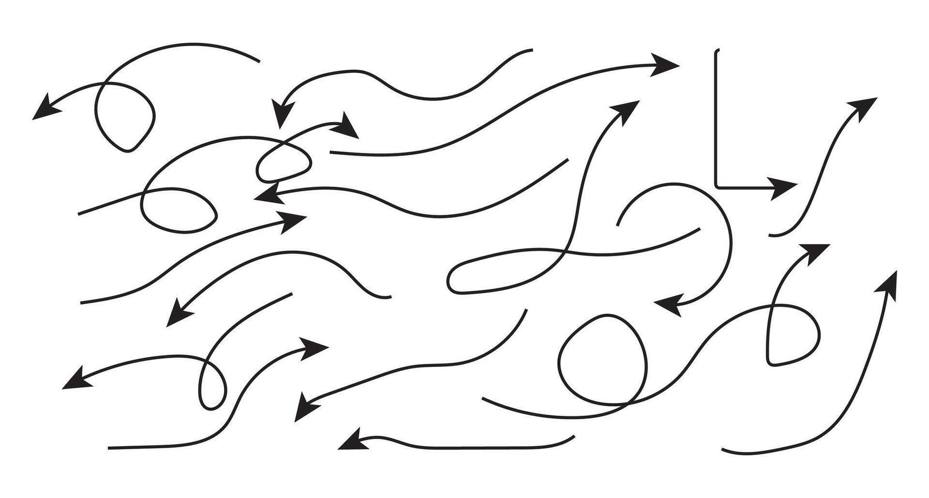 Curved and wavy arrow set in hand drawn look including simple doodle and scribble pointer icons vector