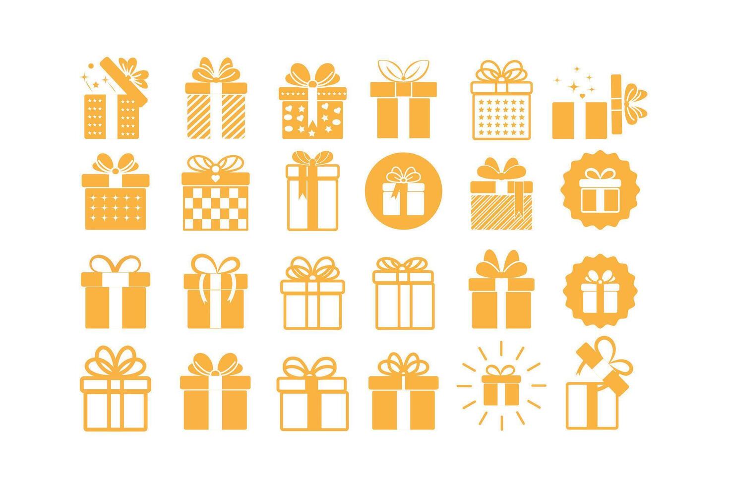 Present gift box icon Collection of flat thin outline isolated on white background. Present gift box tied, open, and sparkle icon. vector