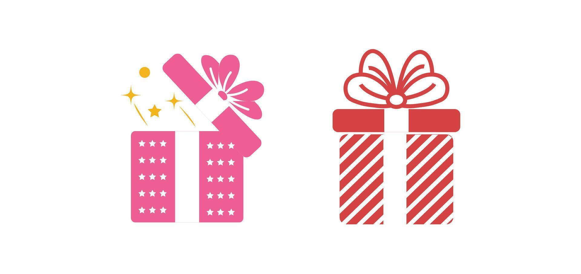 Gift box icon set. Present gift box tied, open, and sparkle for christmas, birthday, valentine, wedding event, party, celebration, and achievement success. vector