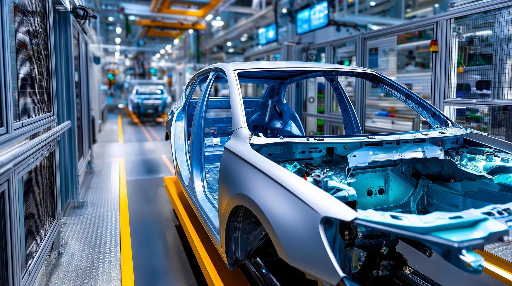 A silver car body on an automated assembly line in a high-tech factory with robotic arms in the background photo