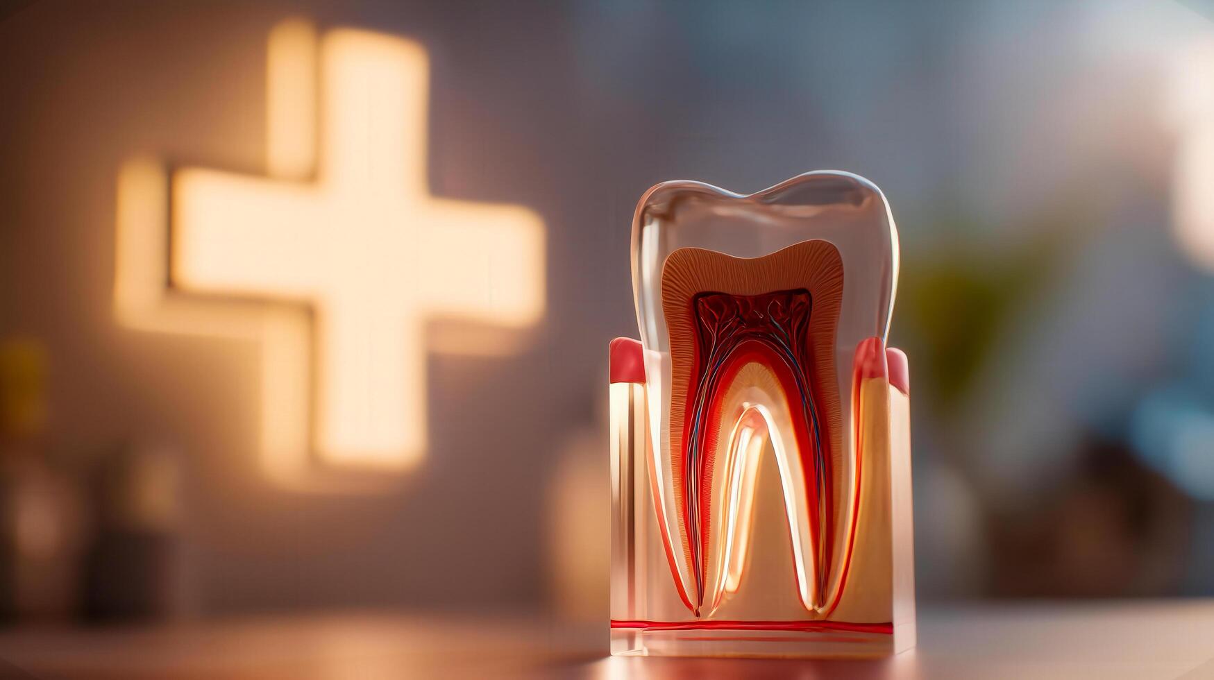 A 3D transparent tooth model with cross-section and glowing medical cross symbol. photo
