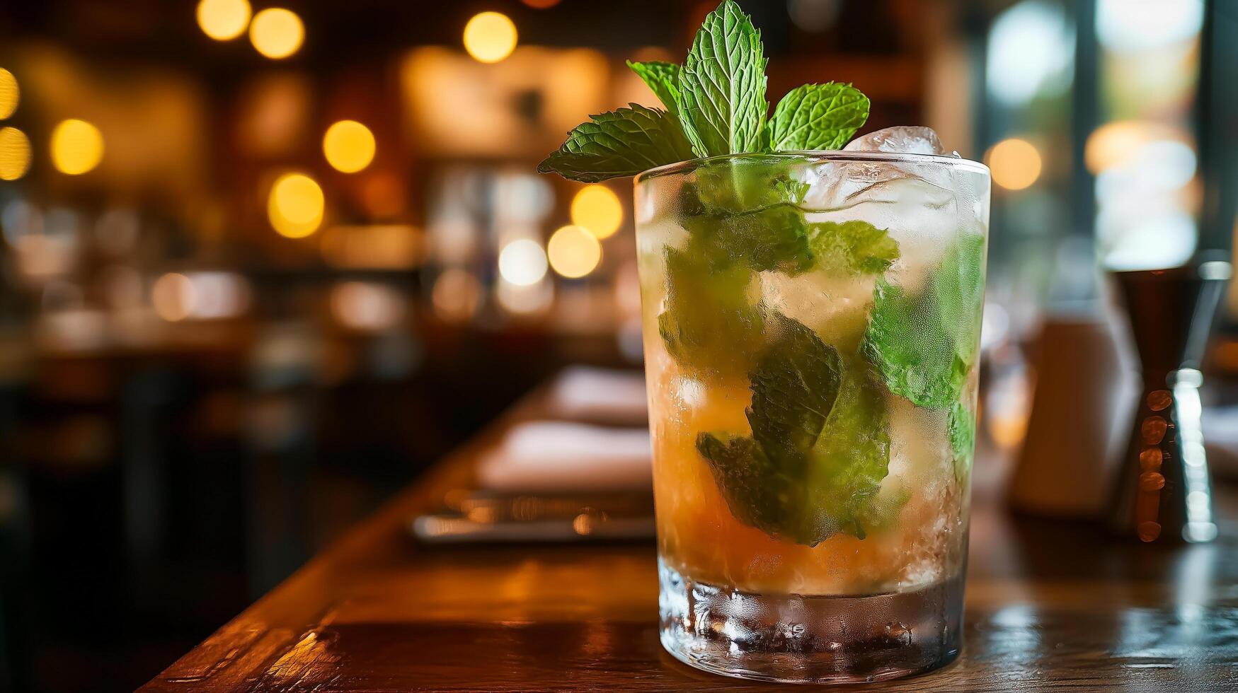 A refreshing mojito cocktail with lime and mint on a wooden bar table in a cozy, warmly lit restaurant photo