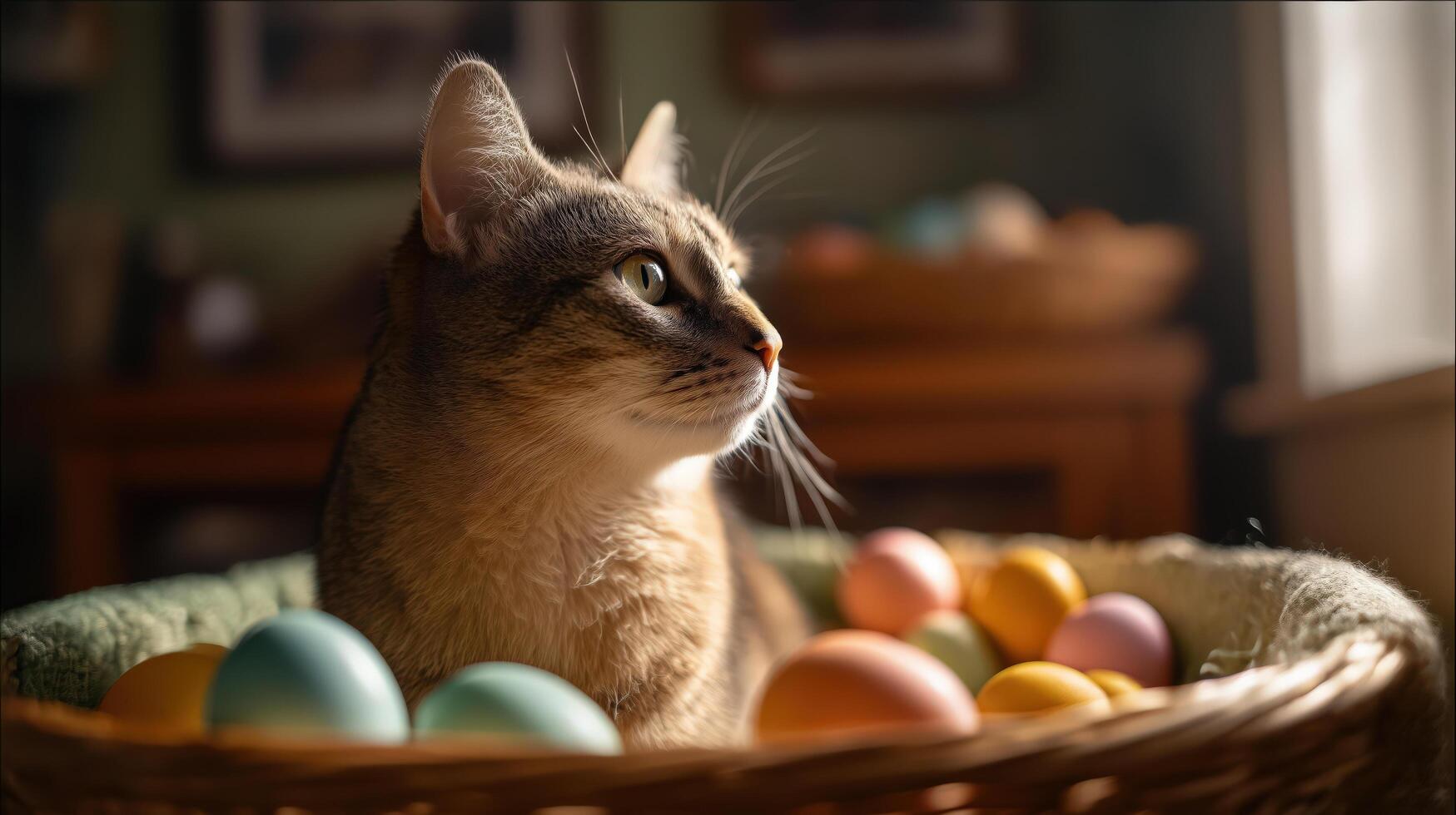 Tabby cat sitting in a cozy basket surrounded by colorful Easter eggs in warm indoor lighting photo