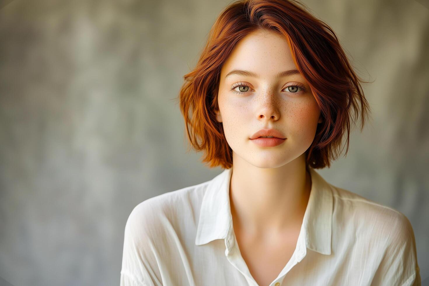 Neutral studio portrait of a young woman with red hair, natural freckles, and a soft expression, wearing a white shirt and set against a muted background photo