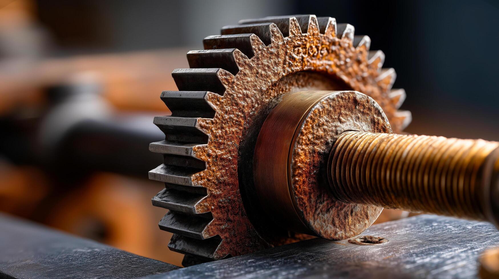 Macro shot of a corroded industrial metal gear and threaded shaft with detailed rust texture photo