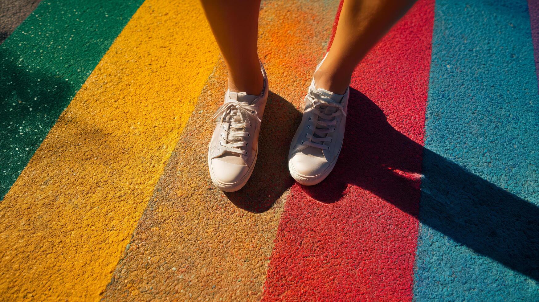 Close-up shot of white sneakers standing on a colorful painted street, featuring vibrant rainbow stripes in green, yellow, red, and blue, capturing a modern and trendy vibe photo