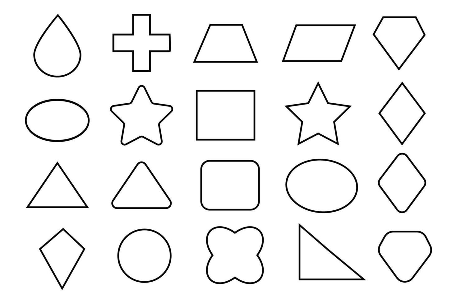 Basic shape elements with sharp and rounded edges . geometric shapes kids, black cute flat icons set. Geometric primitives. vector