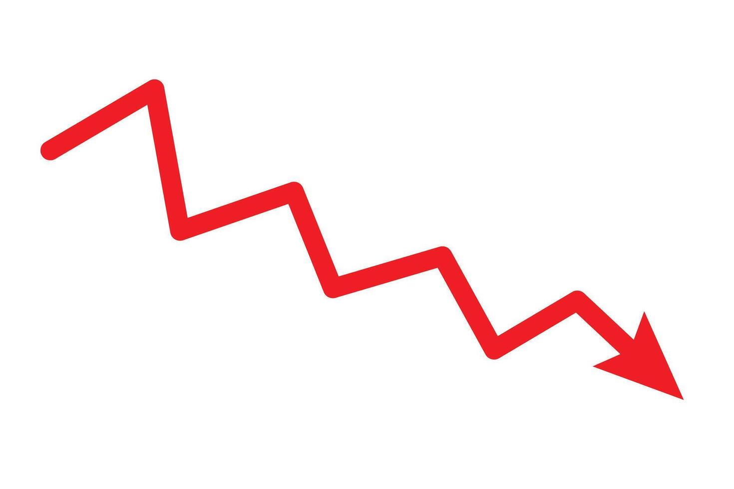 Red arrow pointing down, falling concept of loss market crash, falling red arrow vector