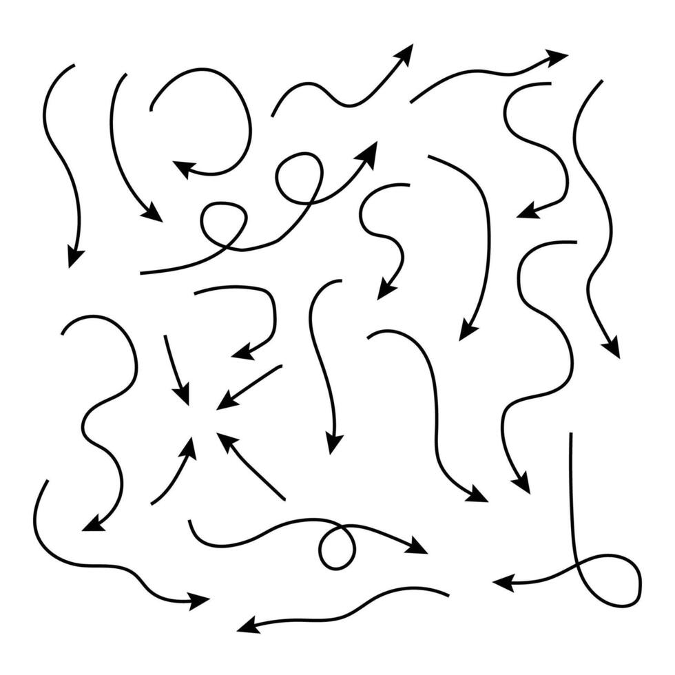 Hand drawn arrow doodles and scribbles in brush, pencil, and marker style. Sketch like lines circles and down arrows. vector