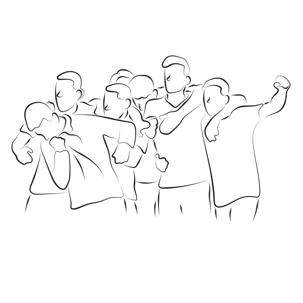 happy male team celebrating victory illustration hand drawn with black lines isolated on white background. vector