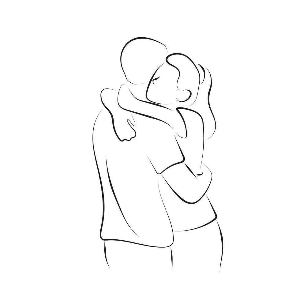 Women and men hugging each other illustration hand drawn with black lines isolated on white background. vector