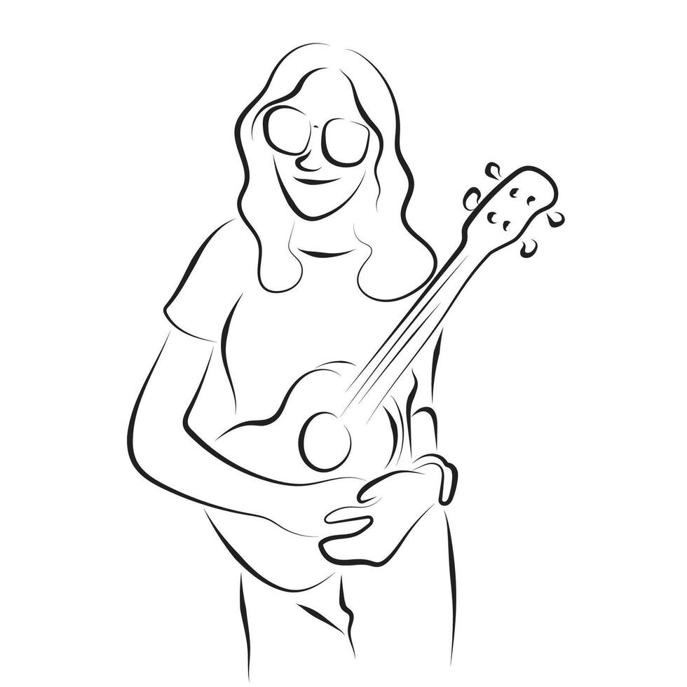 woman with eyeglasses playing acoustic guitar illustration hand drawn with black lines isolated on white background. vector
