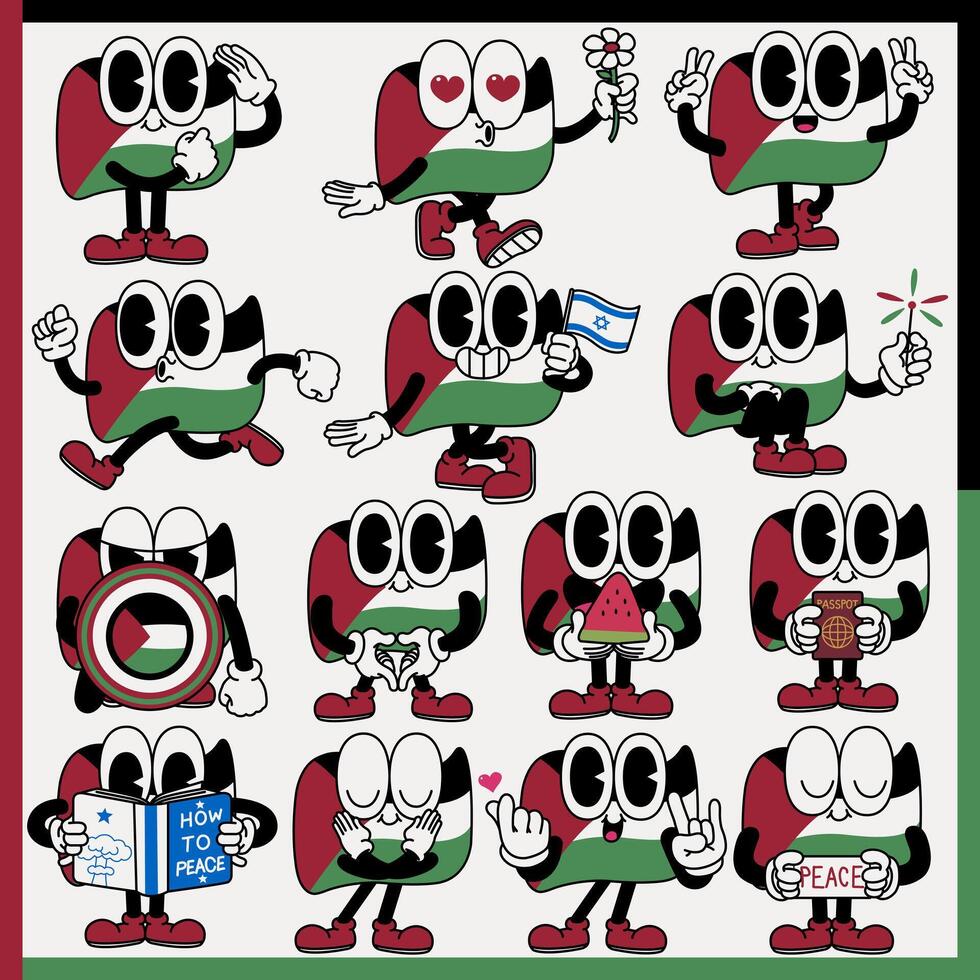 Palestine Flag whimsical fun retro cartoon character mascot illustration vector
