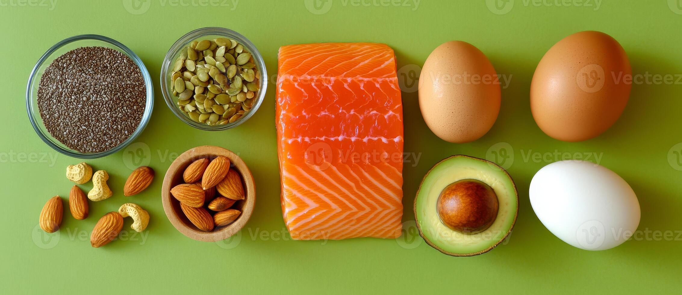 Top View of Foods Rich in Healthy Fats photo
