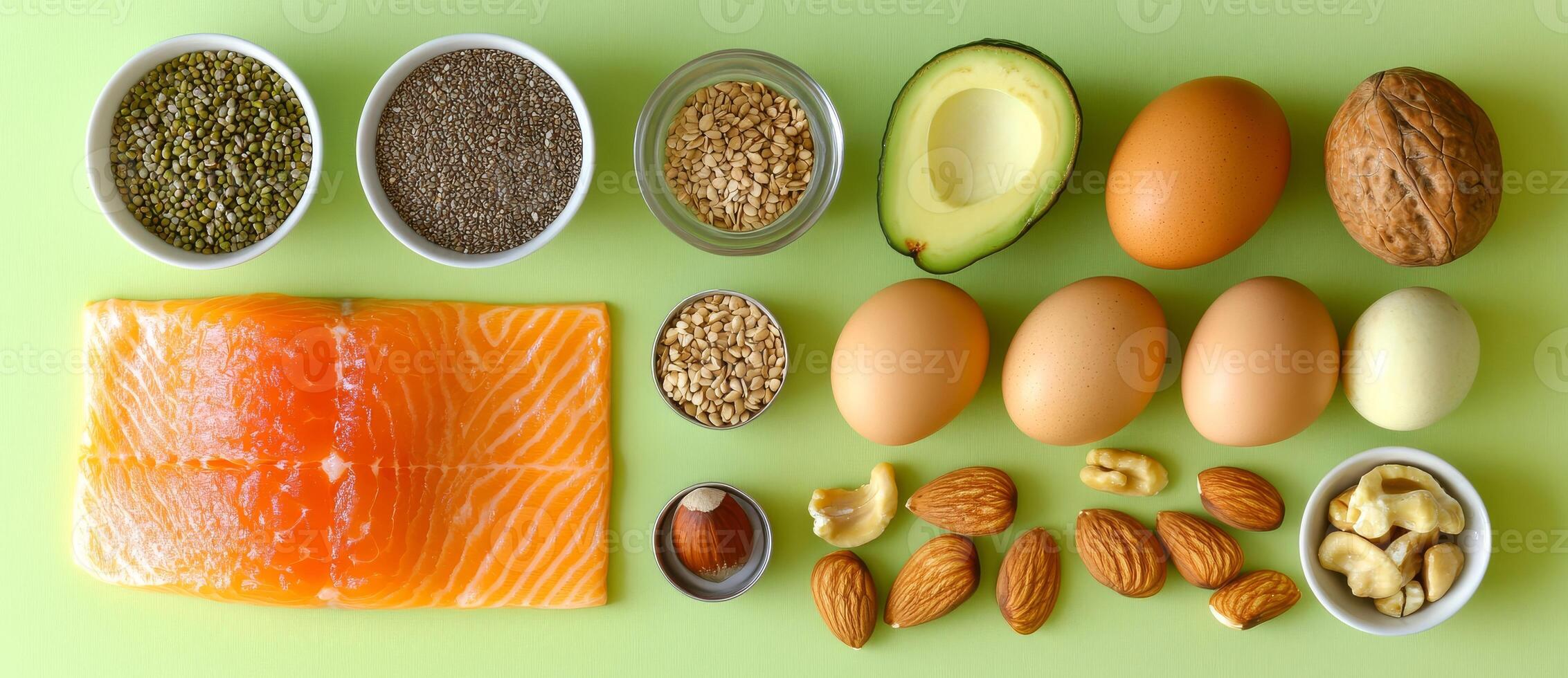 Healthy Fats Food Arrangement on Green Background photo