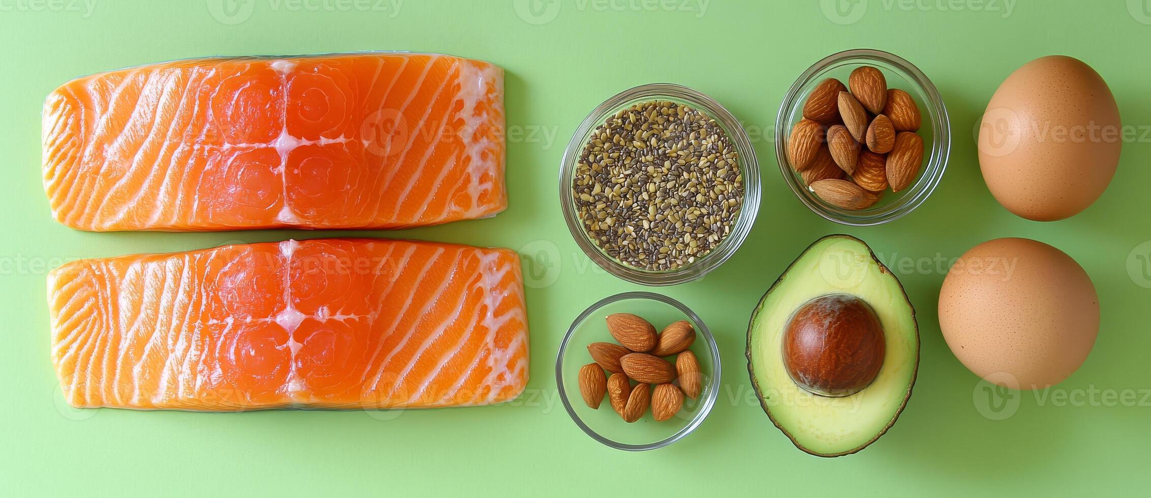 Keto diet concept - salmon, avocado, eggs, nuts and seeds, bright green background, top view photo