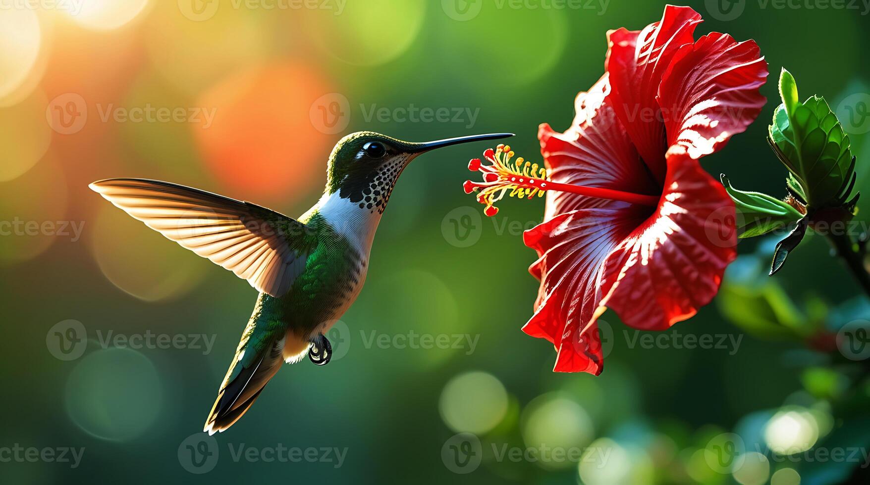 Vibrant Hummingbird Drinking Nectar from Red Hibiscus Stunning Nature Close Up photo